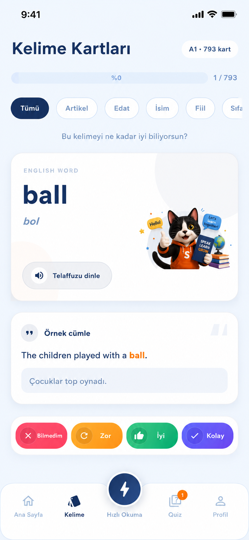 Kelime öğrenme ekranı